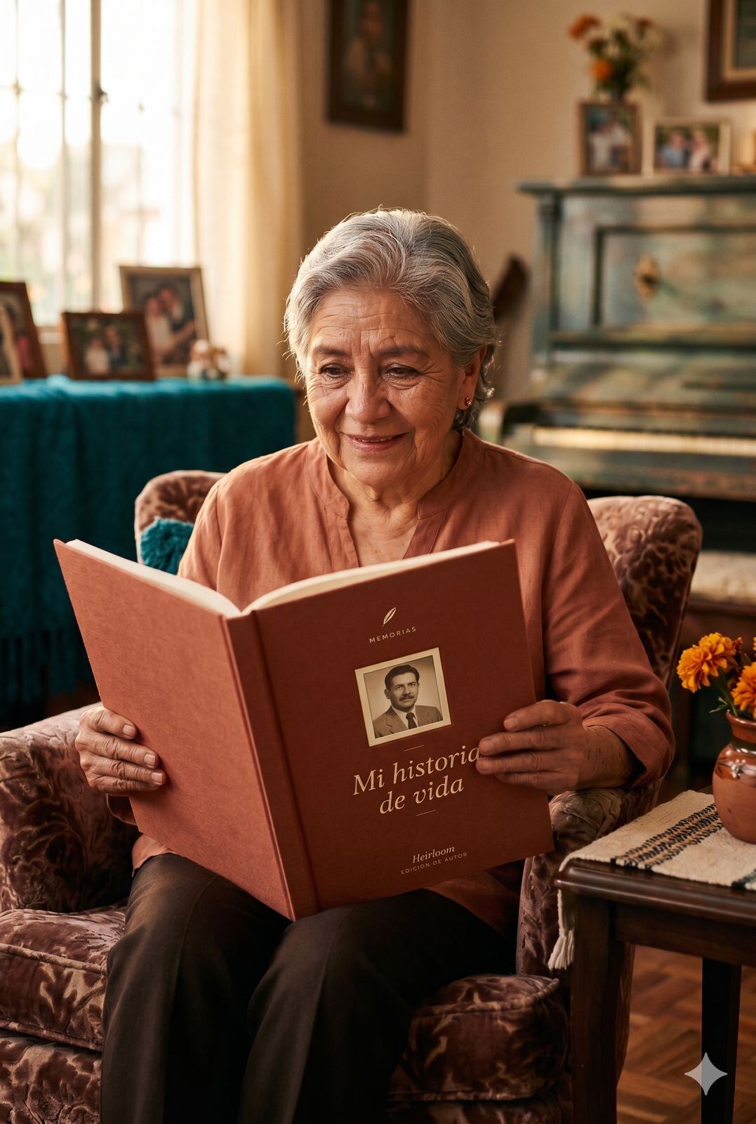 Abuela mexicana leyendo su libro Heirloom Memorias
